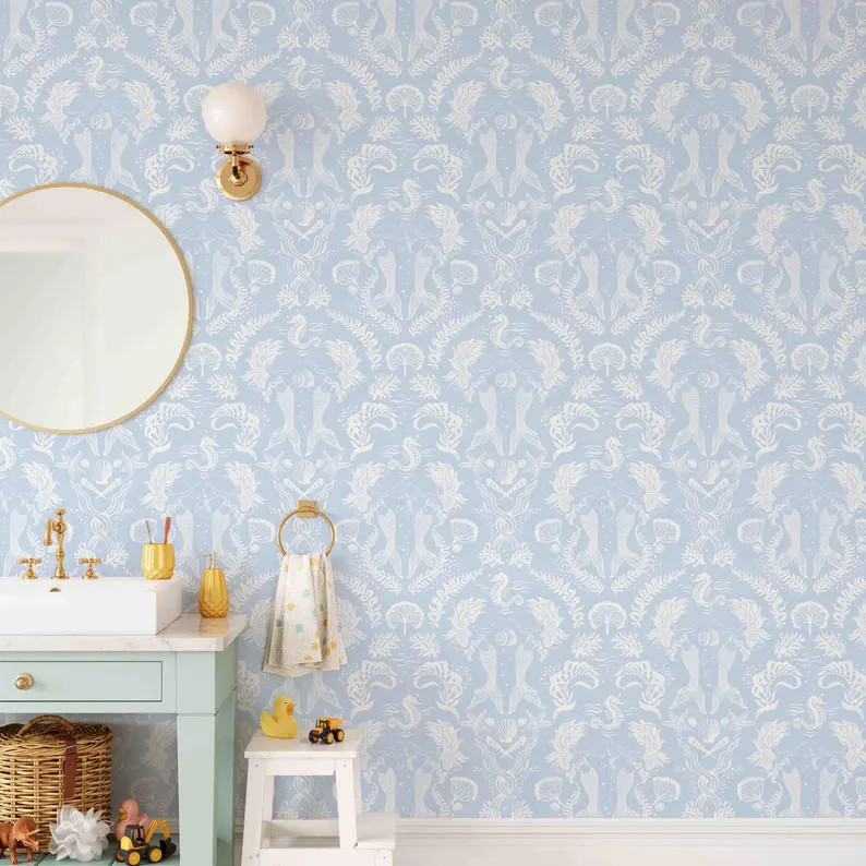 Peel & Stick Wallpaper - Dreamy Mermaids in Blue and White - Pre-pasted and Unpasted Wallcovering... | Etsy (Global)