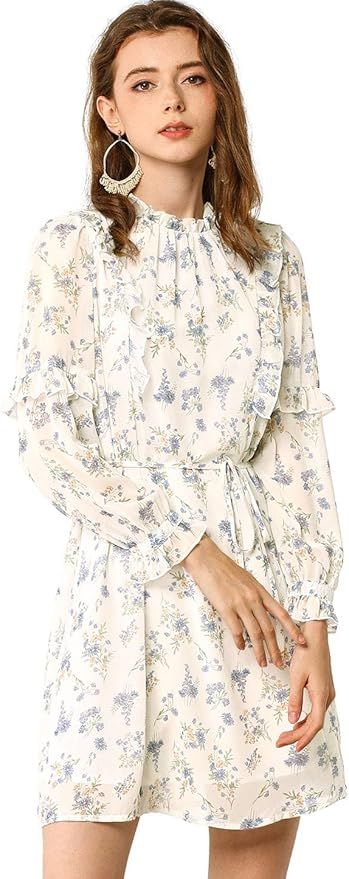 Allegra K Women's Floral Chiffon Dress Stand Collar Tie Waist Ruffle Shift Dress | Amazon (US)