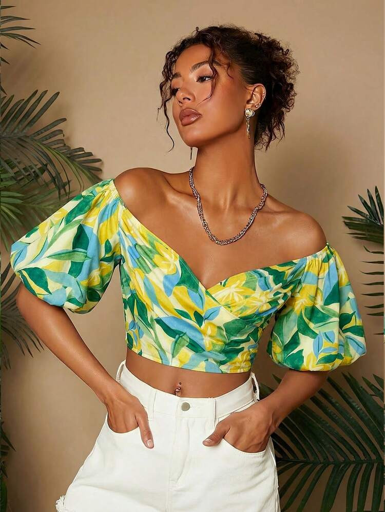 Travachic Vacation Off-Shoulder Lantern Sleeve Cropped Women Shirt,Summer Top | SHEIN