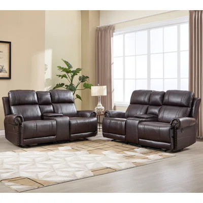Dulles 79.1'' Wide Classic Nail Trimed Faux Leather Power Reclining Loveseat Sofa With Cupholder Storage(Set Of 2) | Wayfair North America