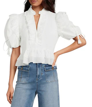 Woven Ruffle Split V-Neck Short Bubble Sleeve Cropped Flounce Blouse | Dillard's