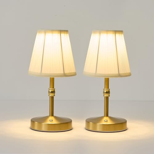Cordless Mini Lamps Gold,3000 mah Battery Operated Lamp,3 Color Temperature Dimmable Table Lamp,Small Rechargeable Table Lamp Fabric,Aesthetic Small kitchen Lamp for Counter,Dinner (Gold,2 Pack) | Amazon (US)