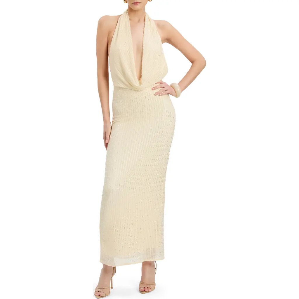 Bardot Nola Beaded Sequin Cowl Halter Maxi Dress in Buttercup at Nordstrom, Size 8 | Nordstrom