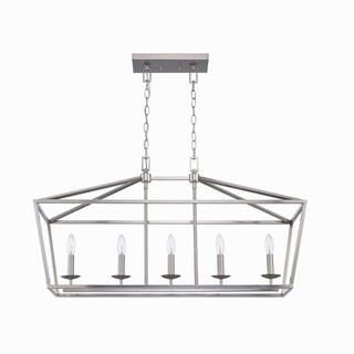 Weyburn 5-Light Brushed Nickel Caged Rectangular Chandelier, Linear Farmhouse Dining Room Pendant... | The Home Depot