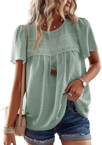 Falechay Womens Summer Tops Crewneck Short Sleeve Shirts Casual Chiffon Blouses Flowy Lace Hem Bo... | Amazon (US)