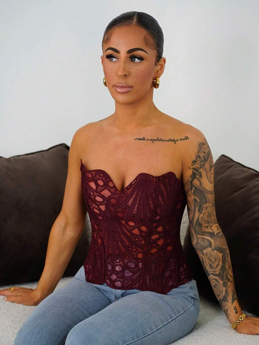 SAYEHFBABY Women's Sexy Lace Corset Bustier, European And American Style, Hollow Out Embroidered ... | SHEIN