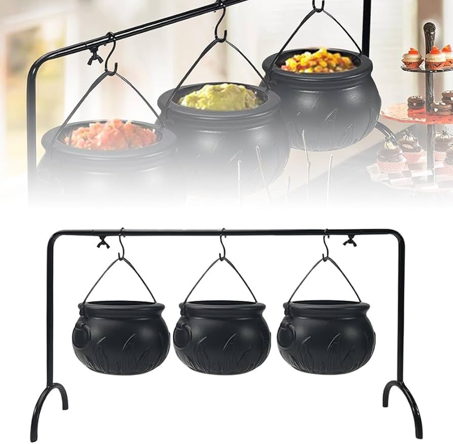 Halloween Witch Cauldron Candy Serving Bowl, Set of 3 Black Plastic Cauldron Bowls with Iron Rack... | Amazon (US)