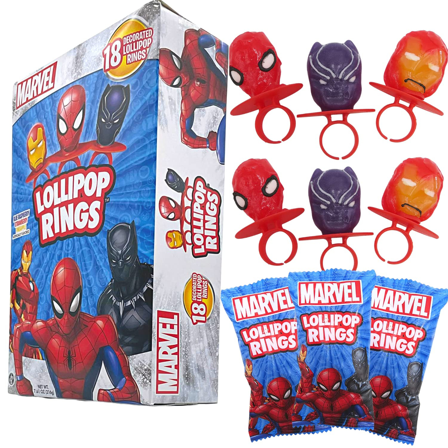 Imaginings 3 Marvel Lollipop Rings Individually Wrapped Candy Spider-Man Iron Man Black Panther C... | Amazon (US)