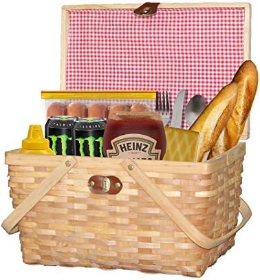 Wickerwise Gingham Lined Woodchip Picnic Basket with Lid and Movable Handles | Amazon (US)