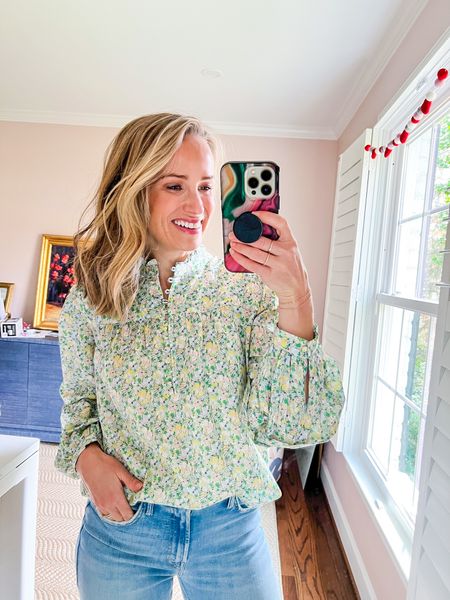 This J.Crew button-front green floral blouse is on sale for $89 today! Wearing an XS. 

#LTKSeasonal #LTKsalealert #LTKunder100