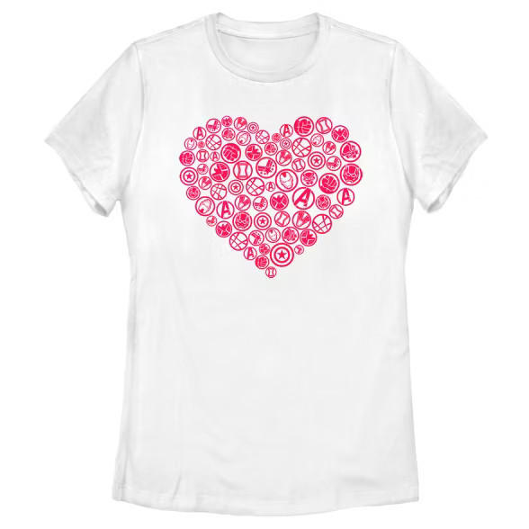 Women's Marvel Universe Logo Heart Icons T-Shirt | Target