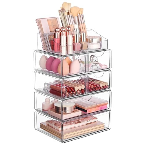 Vtopmart 5 Tier Clear Makeup Organizer with Drawer, Cosmetic Storage for Dresser Countertop and Bathroom Vanity, Beauty Holder for Lipstick Brush Skincare | Amazon (US)