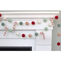 Candy Cane Felt Christmas Home Decor Garland - Teal, Red, Pink Vintage Colors - Mantle Banner, Holiday Shelf, Winter - 1"" Balls - 100% Wool | Etsy (US)