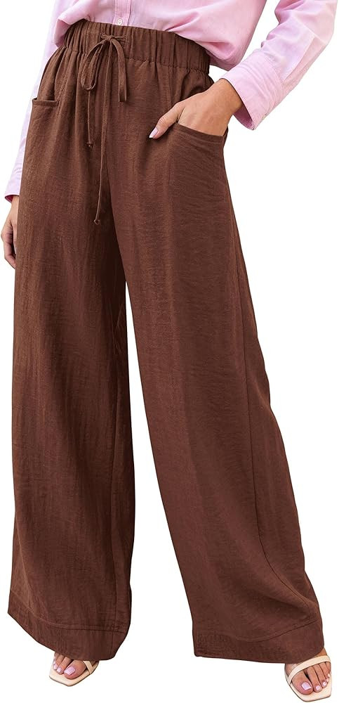 KIRUNDO Wide Leg Palazzo Pants for Women Summer High Waist Flowy Casual Trousers Lounge Pants Bea... | Amazon (US)