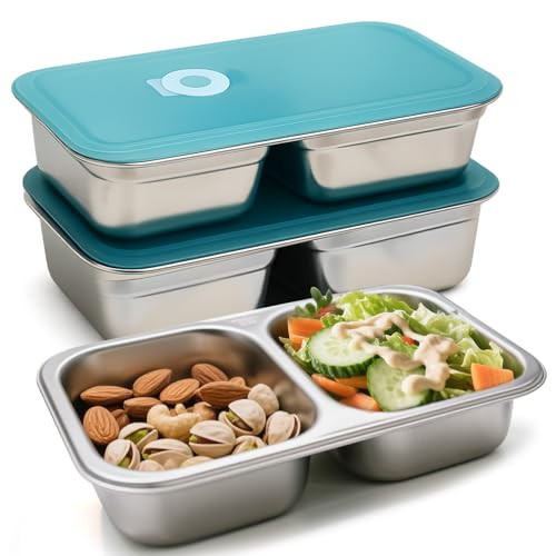 3 Pack Stainless Steel Snack Containers - Reusable 2 Compartment Lunchable Snack Prep Containers with Leakproof Lids, Grab and Go Divided Food Lunch Storage Containers for School, Travel | Amazon (US)