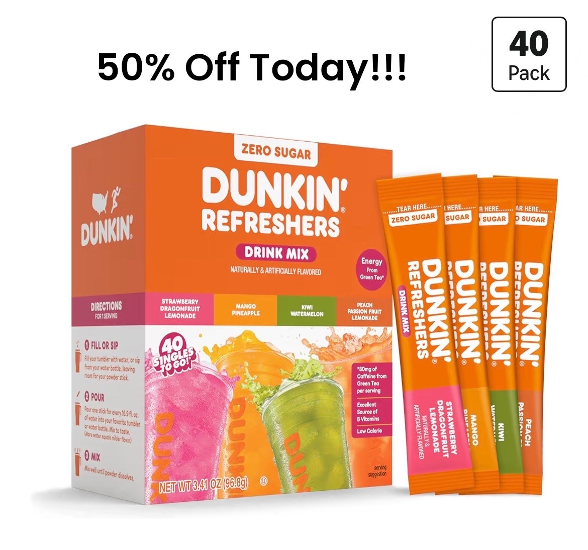 40 packs of Dunkin’ Refreshers Drink Mix are only $6.49 today - normally $13!!! These are a delicious way to get natural energy, as they’re green tea infused and so tasty!!! Cannot beat the price - never seen this pack available for under $10!!!! 🙌🏻💦

#LTKSaleAlert #LTKselfcare #LTKActive