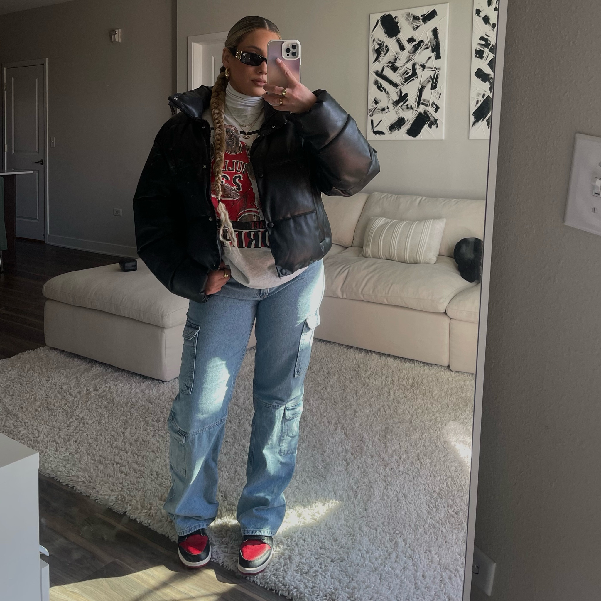 Puffer coat. Black leather puffer coat. Street style outfit. Outfit inspo. Denim cargo pants. Cargo pants outfit. Fashion inspo. Cargo style. Cargo pants. Denim cargo pants. Styled cargo pants. 

#LTKfit #LTKstyletip