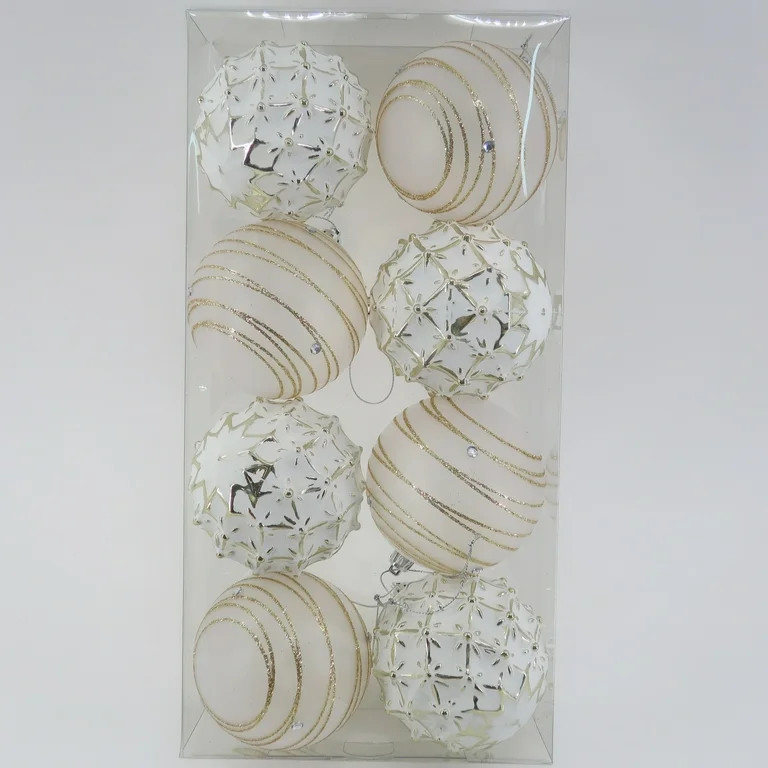 Champagne Gold and White Pattern Shatterproof Ornaments, 90mm, 8 Count, by Holiday Time | Walmart (US)