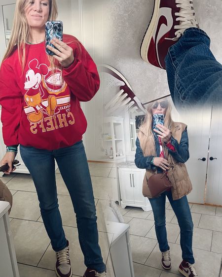 Chiefs outfit. Gameday

Size reference 5’9” 140 lbs

Chiefs sweater - large
 Tan puffer vest - small
Levi’s 501 original fit jeans - 26 x 32
Jordan Nike sneakers - true to size

Jeans outfit. Super Bowl. 


#LTKover40 #LTKsalealert #LTKfindsunder100
