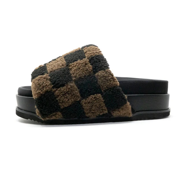 ROAM FUZZY CHECKER STACK BLACK & TAUPE FAUX SHEARLING | ROAM