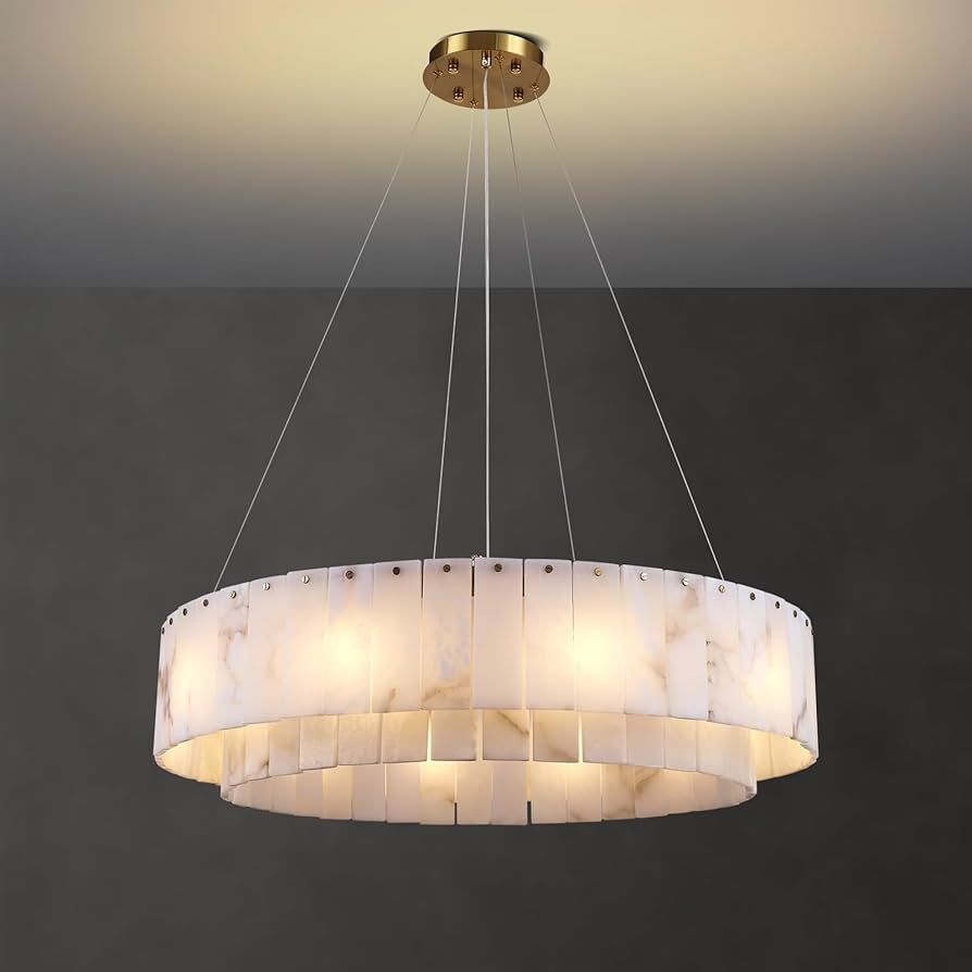 D31in Alabaster Round Chandelier, Modern Marble Dining Room Chandelier, Brass Drum Pendant Ceilin... | Amazon (US)