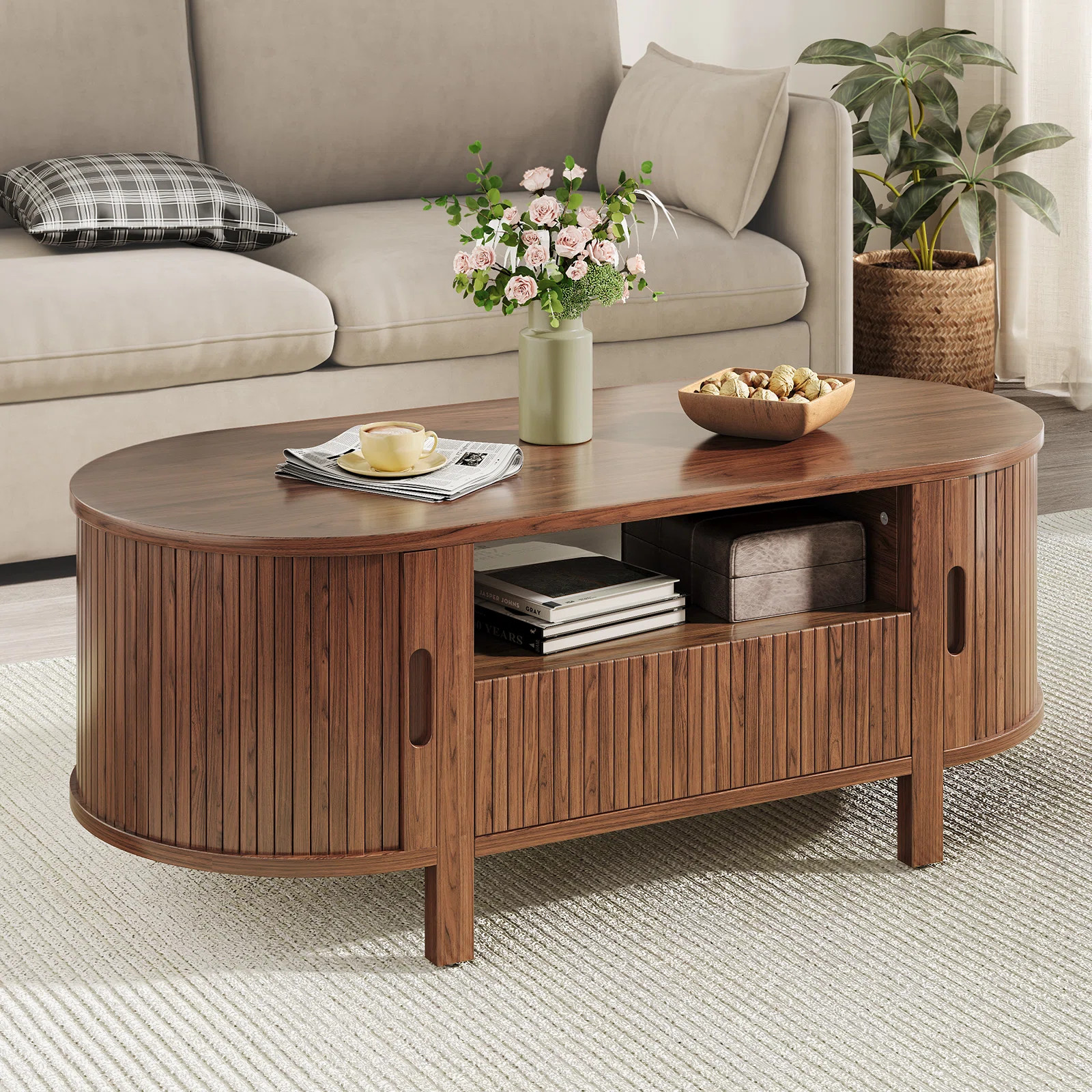 Latitude Run® 47.2'' Oval Coffee Table With Storage, Fluted Accent Center Table With Draw And Sl... | Wayfair North America