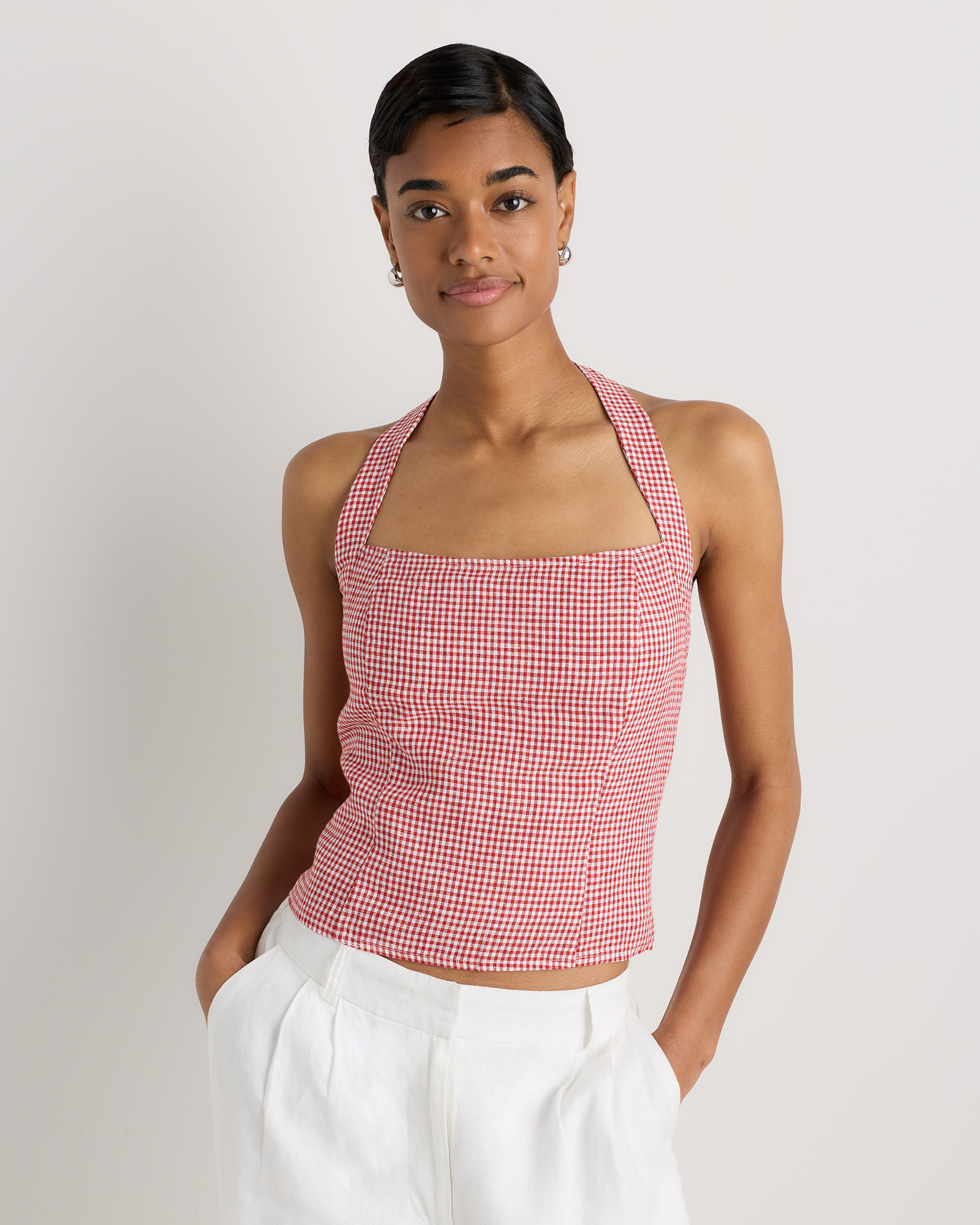Quince | Women's 100% European Linen Halter Top in Red Classic Mini Gingham, Size XS | Quince