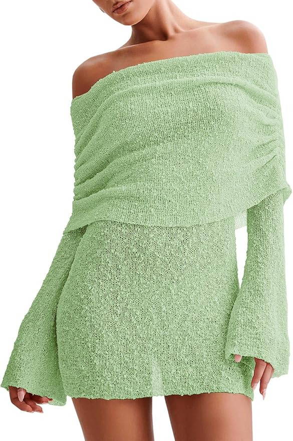 Imily Bela Womens Beach Swimsuit Cover Ups Summer Off The Shoulder Long Bell Sleeve Sheer Mini Dr... | Amazon (US)