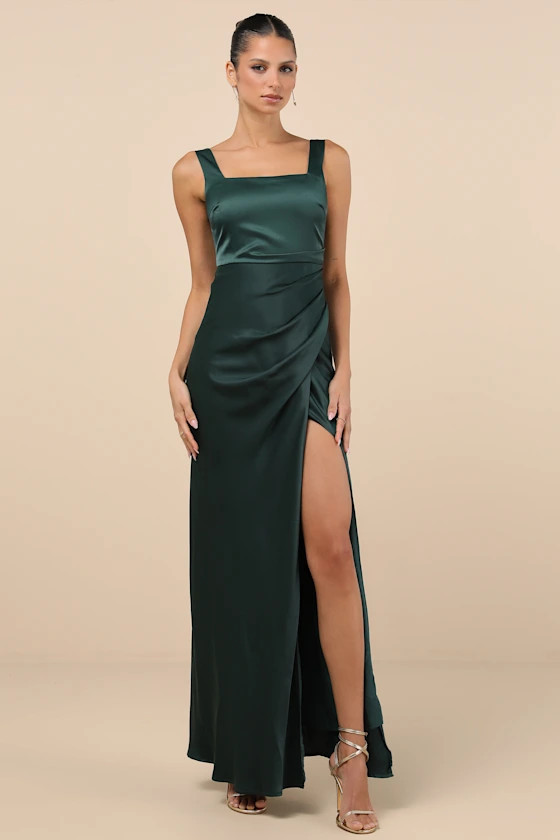 Red Carpet Romance Emerald Green Satin Square Neck Maxi Dress | Lulus