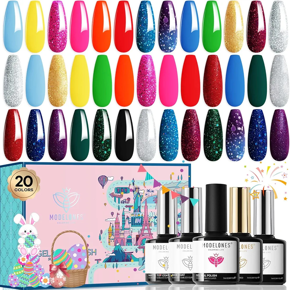 modelones 20 Colors Gel Nail Polish Kit,24 Pcs 7ML Neon Glitter Gel Polish Set Soak Off Bright Pi... | Amazon (US)