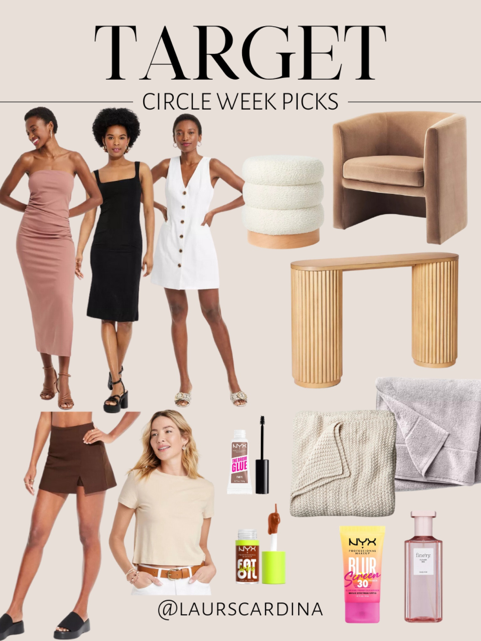 My Target Circle Week pics include a blush strapless fitted dress, a black midi dress, a white mini dress, skirt, crew neck tee, accent chair, stool, blanket, bath towel, eye brow gel, lip oil, sunscreen, and fragrance.

Target style, summer outfit, summer dress, date night, home decor, living room decor, beauty finds

#LTKSaleAlert #LTKStyleTip #LTKFindsUnder50