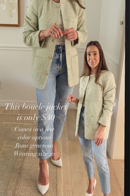 H&M $40 boucle long jacket. Collarless. Gold button detail. Runs generous. Wearing size xs. Comes in a few color options. Also my white pump is on sale 40% off 

Spring jacket
Spring outfit 
Jeans 
Denim 

#LTKunder100 #LTKstyletip #LTKunder50