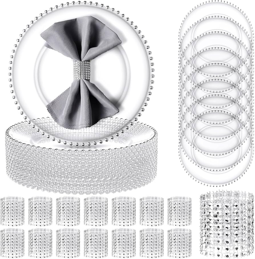 Dandat 50 Pack Clear Charger Plates Set, 50 Pcs Silver Napkin Rings 13 Inch Round Serving Plates ... | Amazon (US)