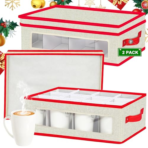 homyfort Mug Storage Box Organizer, Christmas China Cup Storage Containers with Dividers, 2 Pack Hard Shell for 24 Tea Cups and Coffee Mugs (Beige) | Amazon (US)