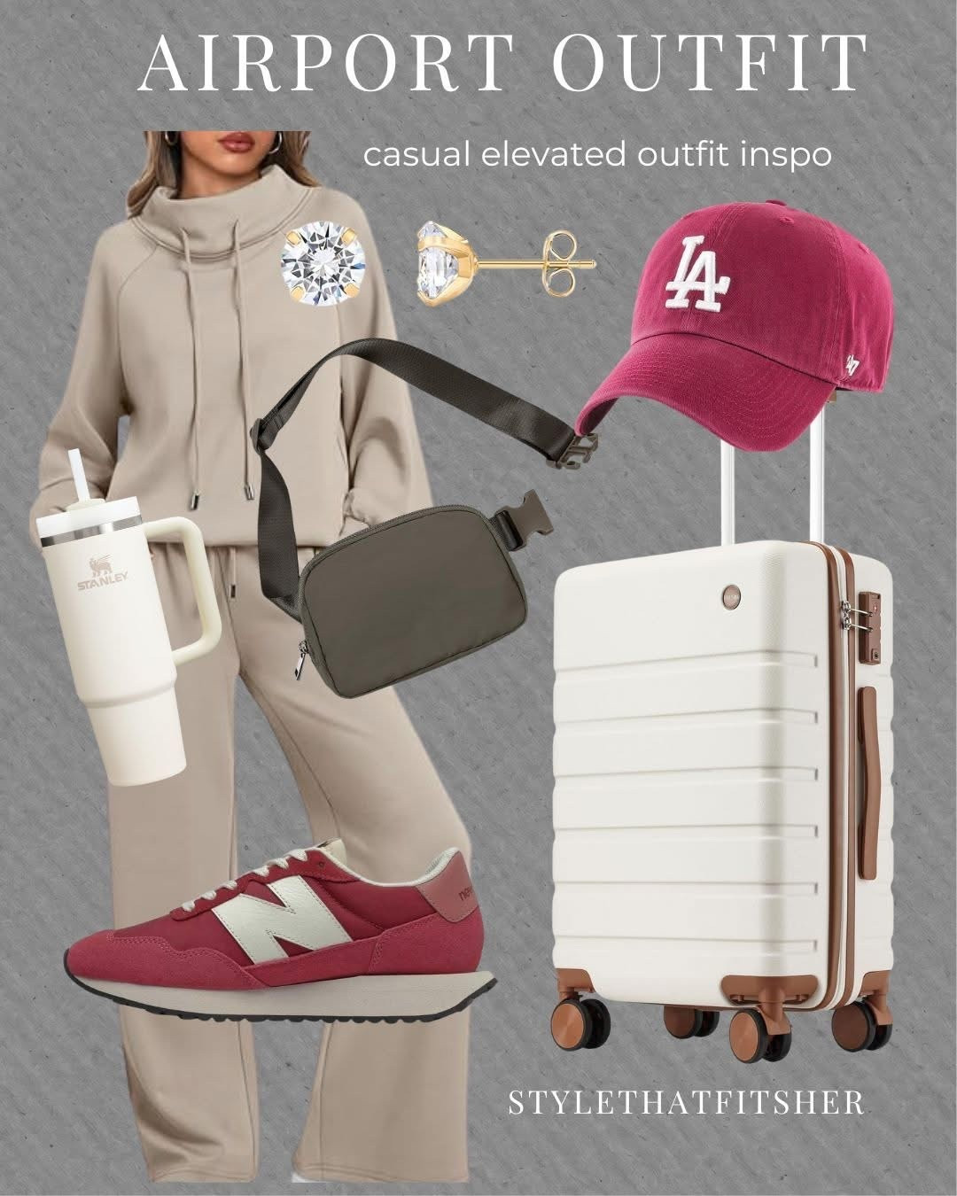 Casual Airport Outfit Inspo ✈️ This look features a chic lounge set, belt bag, cream carry on suitcase, a stanley so we stay hydated, with a pop of red in our sneakers and ball cap. 

#LTKootd #LTKMidsize #LTKTravel