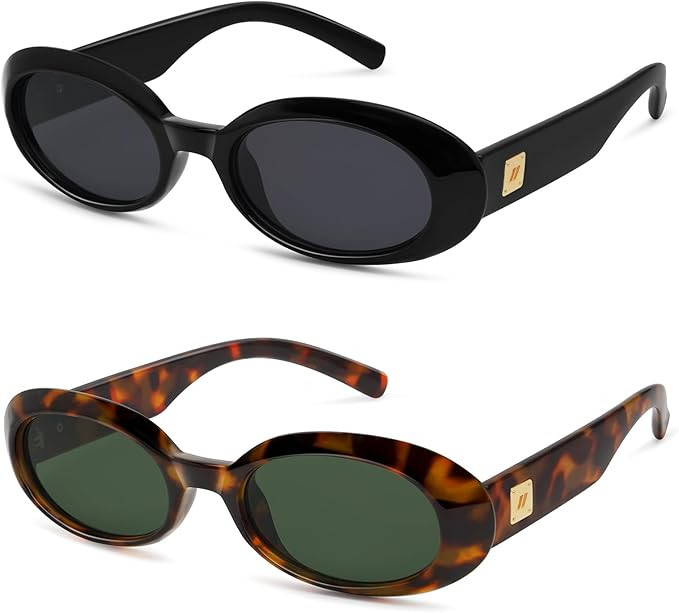 Retro Oval Sunglasses for Women Men Trendy Small 90s Style Vintage Skinny Narrow Frame 2-Pack | Amazon (US)