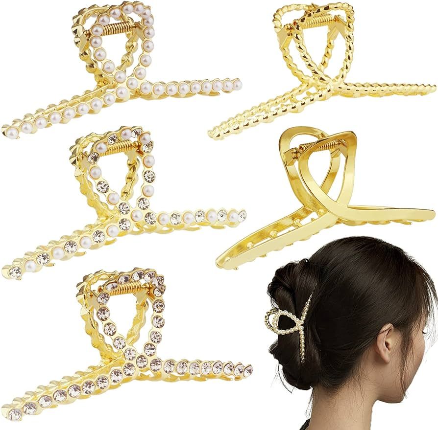 5 Pack Large Hair Clips for Women Pearl Hair Clips Metal Hair Clips Gold Rhinestone Claw Clip for... | Amazon (US)