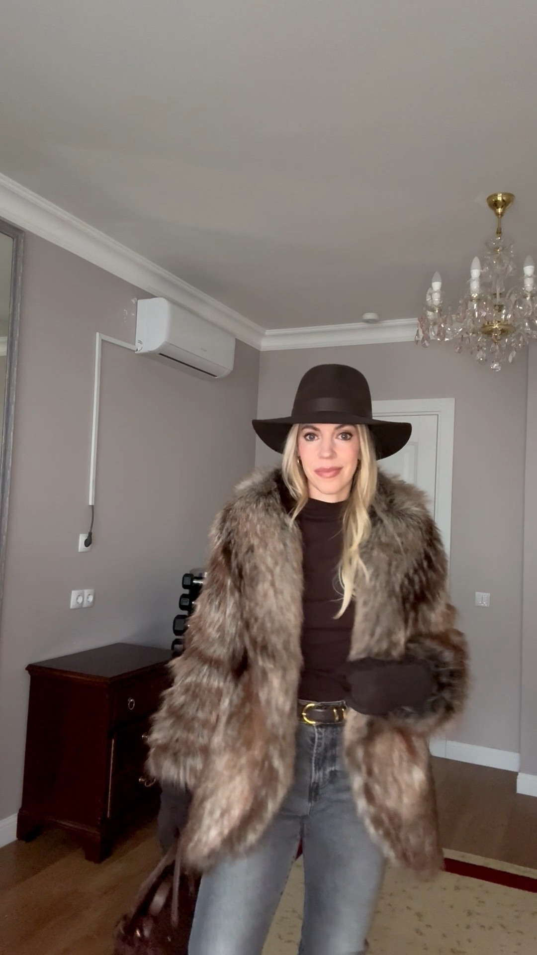 Faux fur fox coat, chocolate brown wool hat, long brown suede gloves, Zara chocolate brown tee, Levi’s slim straight jeans, Paris Texas dark brown western boots

#LTKSeasonal #LTKootd #LTKFindsUnder100