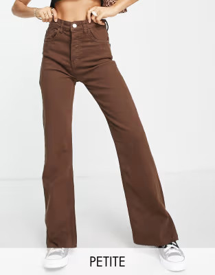 Stradivarius Petite slim flare jeans with split detail in brown | ASOS (Global)