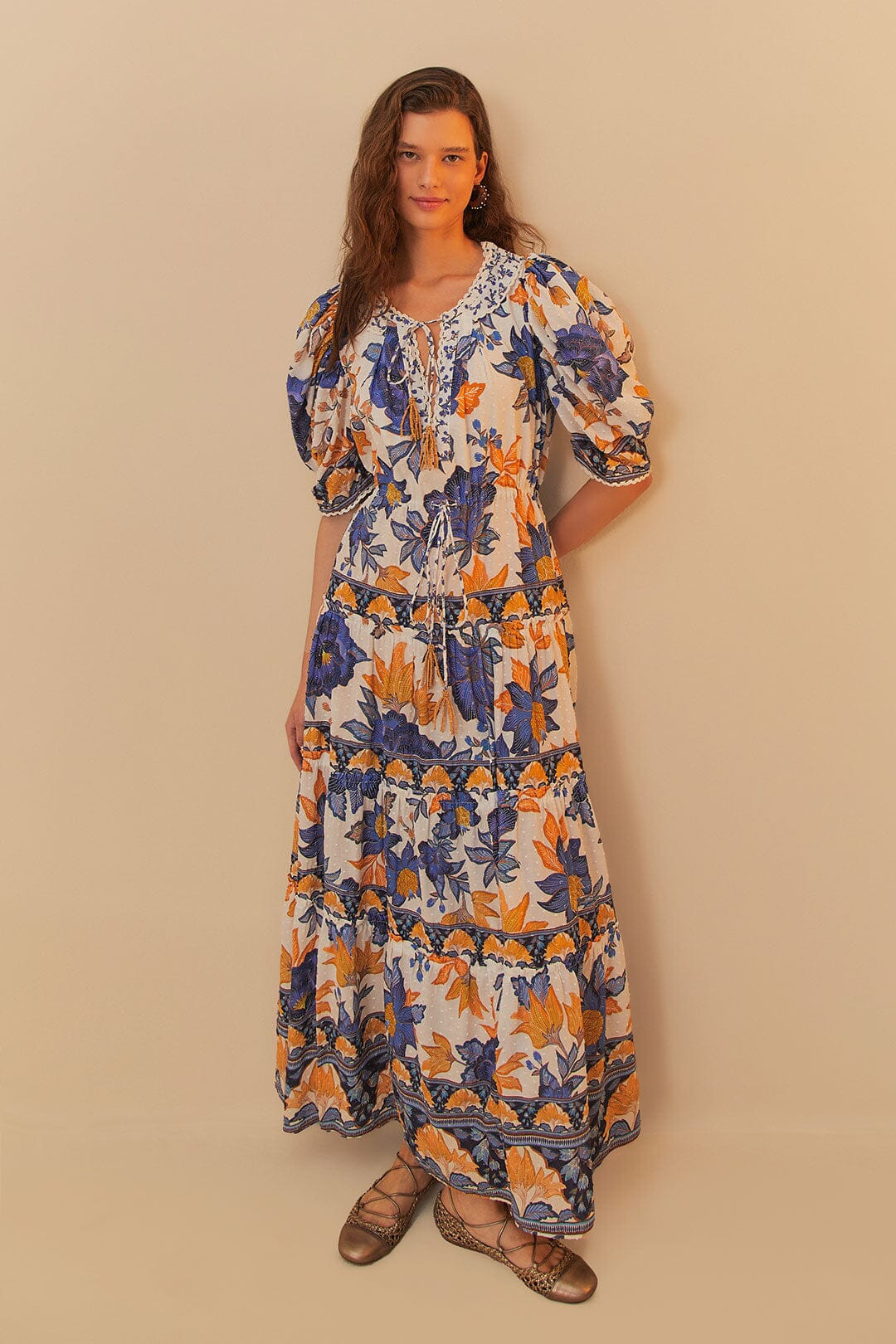 off-white summer flowers beaded tassels maxi dress | FarmRio (US)