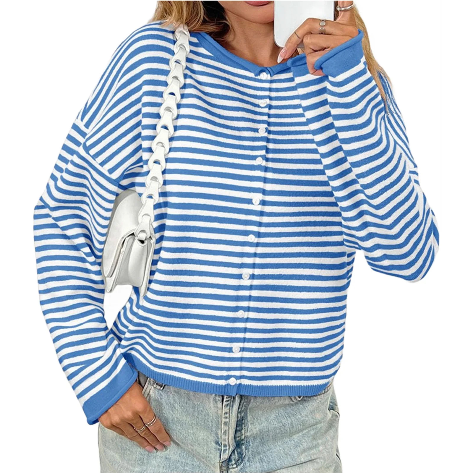 Button Down Long Sleeve Lightweight Crewneck Casual Knit Striped Cardigan | Walmart (US)