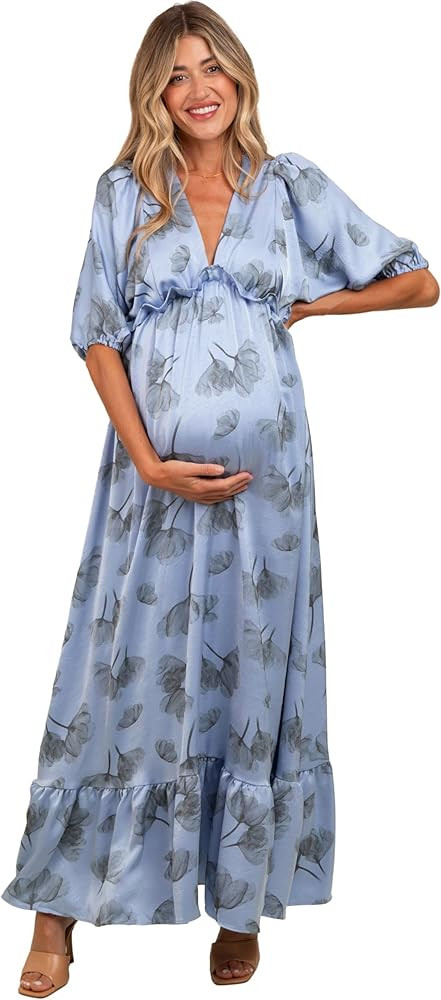 PinkBlush Floral Chiffon Ruffle Accent Maternity Maxi Dress | Amazon (US)