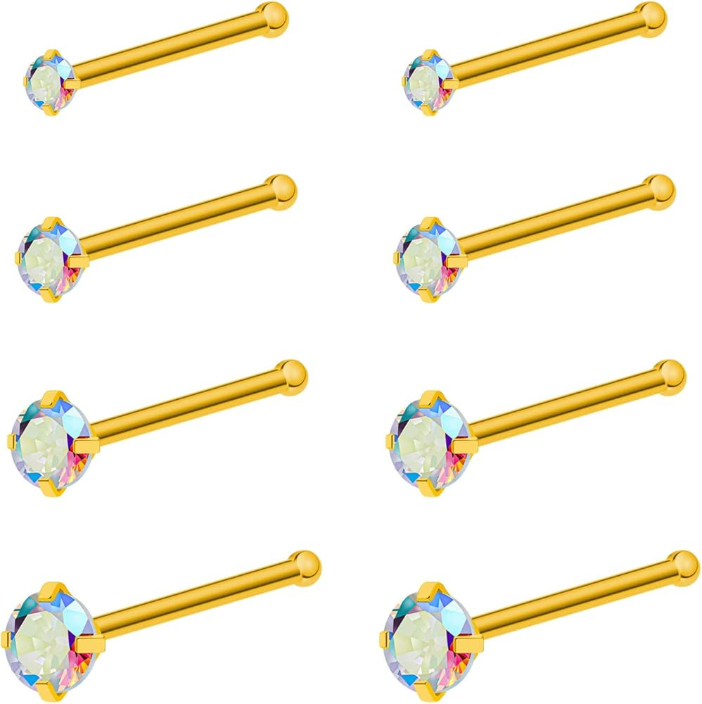 20G 18G Nose Rings Studs Stainless Steel Nose Rings for Women Men Round CZ Nose Bone L Shaped Scr... | Amazon (US)