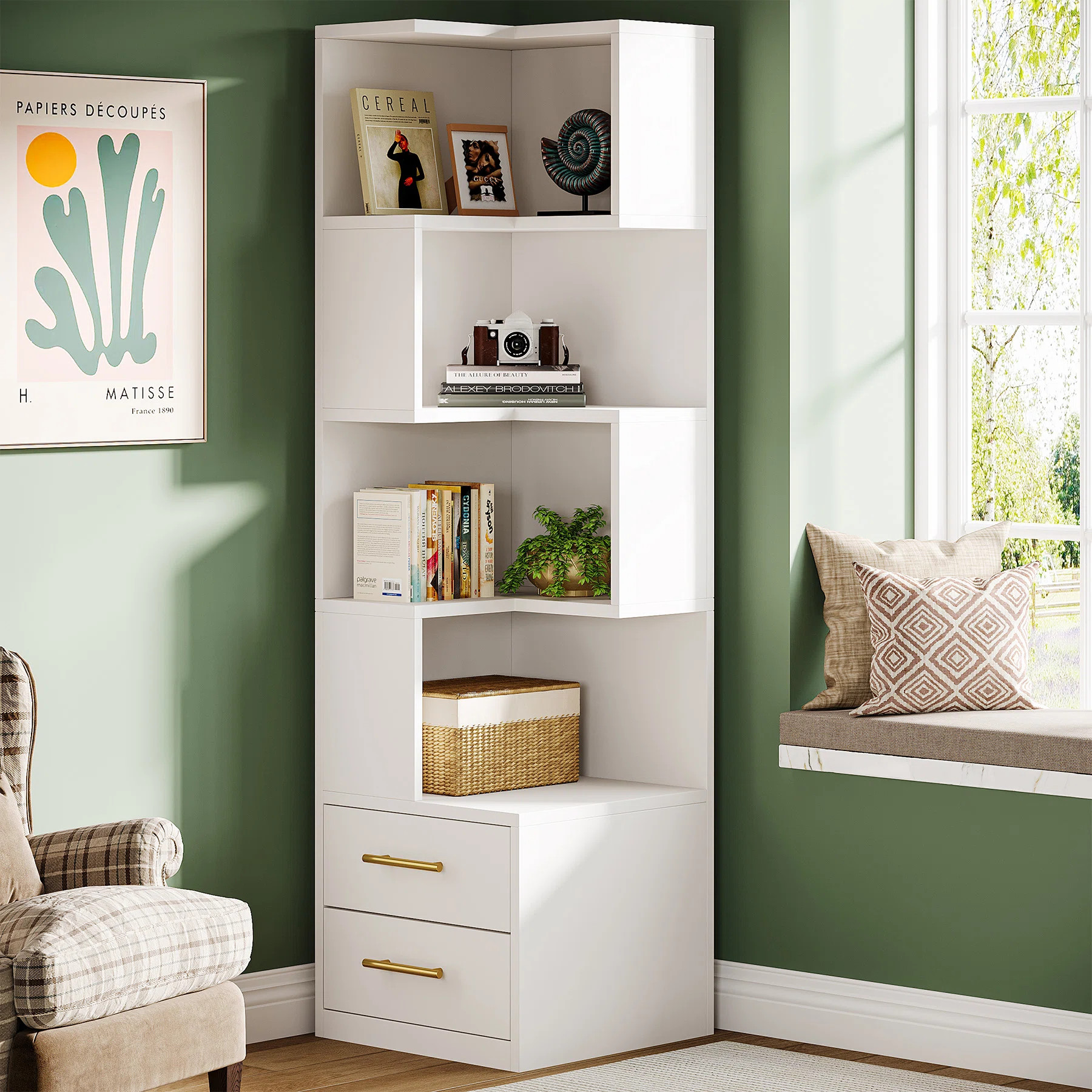 66.9" H Corner Bookcase With 5-Tier Shelf And 2 Drawers, L-Shaped Corner Storage Shelf Bookshelf | Wayfair North America