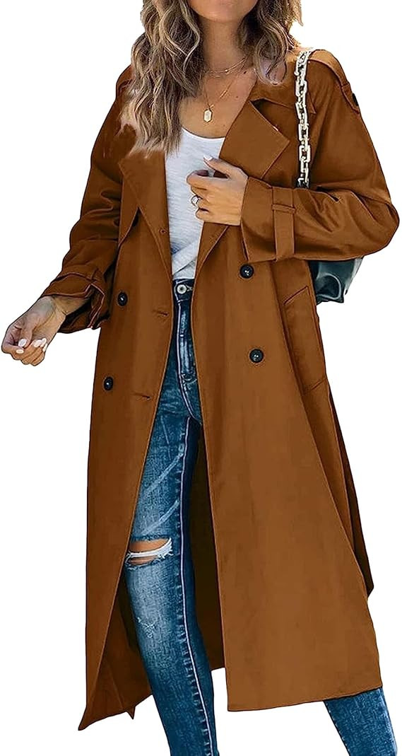 Women's Windproof Trench Coat Notched Lapel Double Breasted Long Overcoat Casual Fall Winter Wind... | Amazon (US)