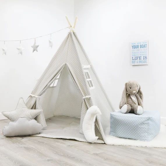 French Gray W/White Mini Dot Teepee - Kids Teepee, Tipi, High Quality Kids Tent, Handmade in the ... | Etsy (US)