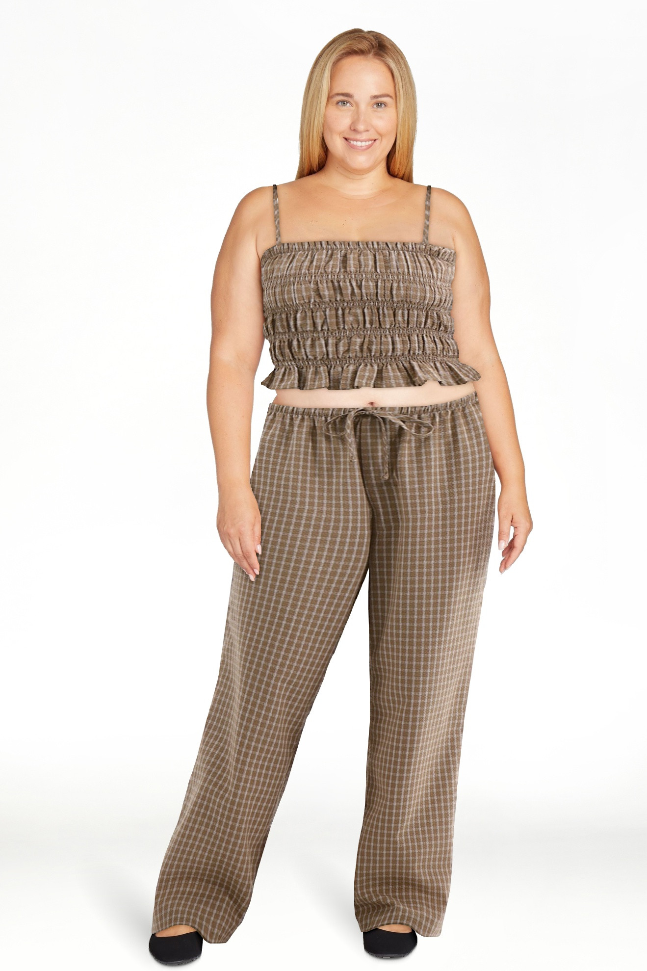 No Boundaries Plaid Seersucker Smocked Cami Top and Pants Set, 2-Piece, Women's | Walmart (US)