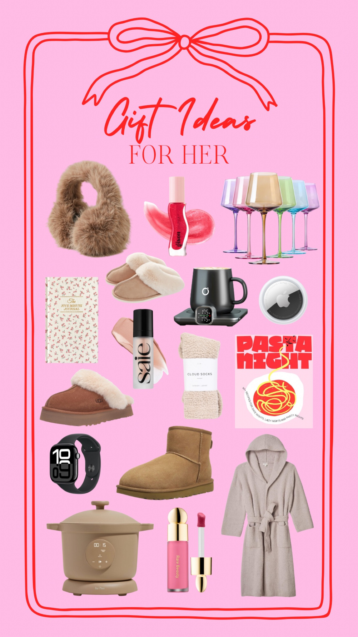 Gift guide, gifts for her, wine glasses, earmuffs, Apple products, uggs, robe, bathrobe, slippers, makeup, blush, lipgloss, stocking stuffers, journal, gifts, gifts for friends, gifts for sister

#LTKHoliday #LTKGiftGuide #LTKStyleTip