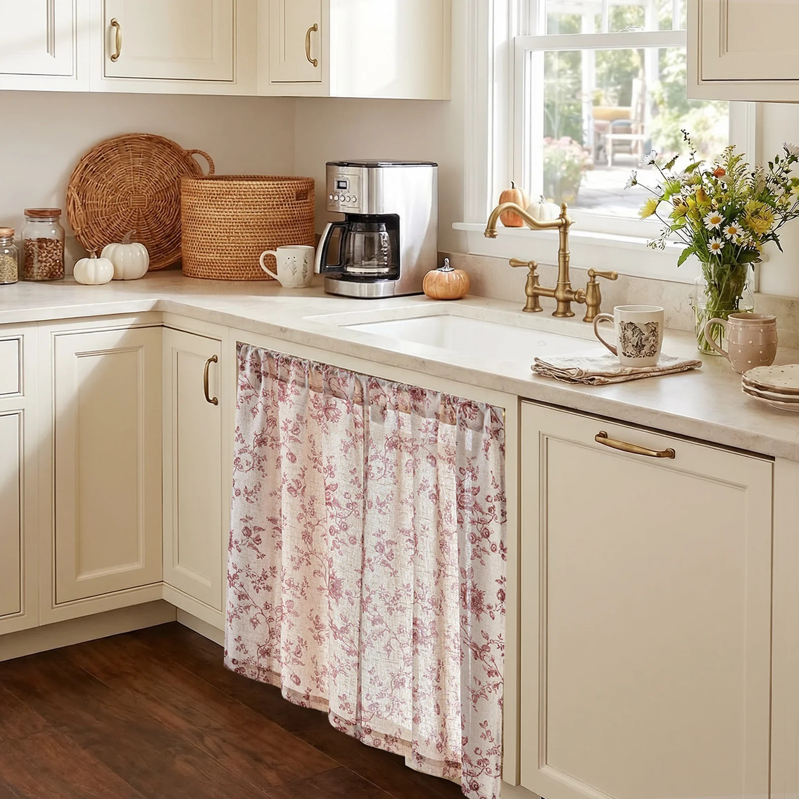 Semi-Sheer Botanical Floral Tier Curtains, Farmhouse Style Linen Cafe Drapes for Kitchen & Bathroom Windows | Wayfair North America
