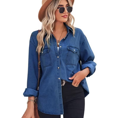 Coolmee Women's Denim Shirts Button Down Shirt Business Casual Tops Dark blue M | Target